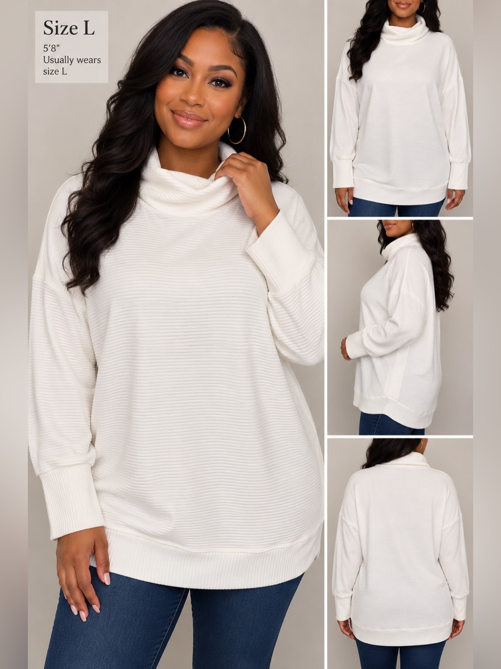 Tribal White Cowl Neck Ribbed Sweater